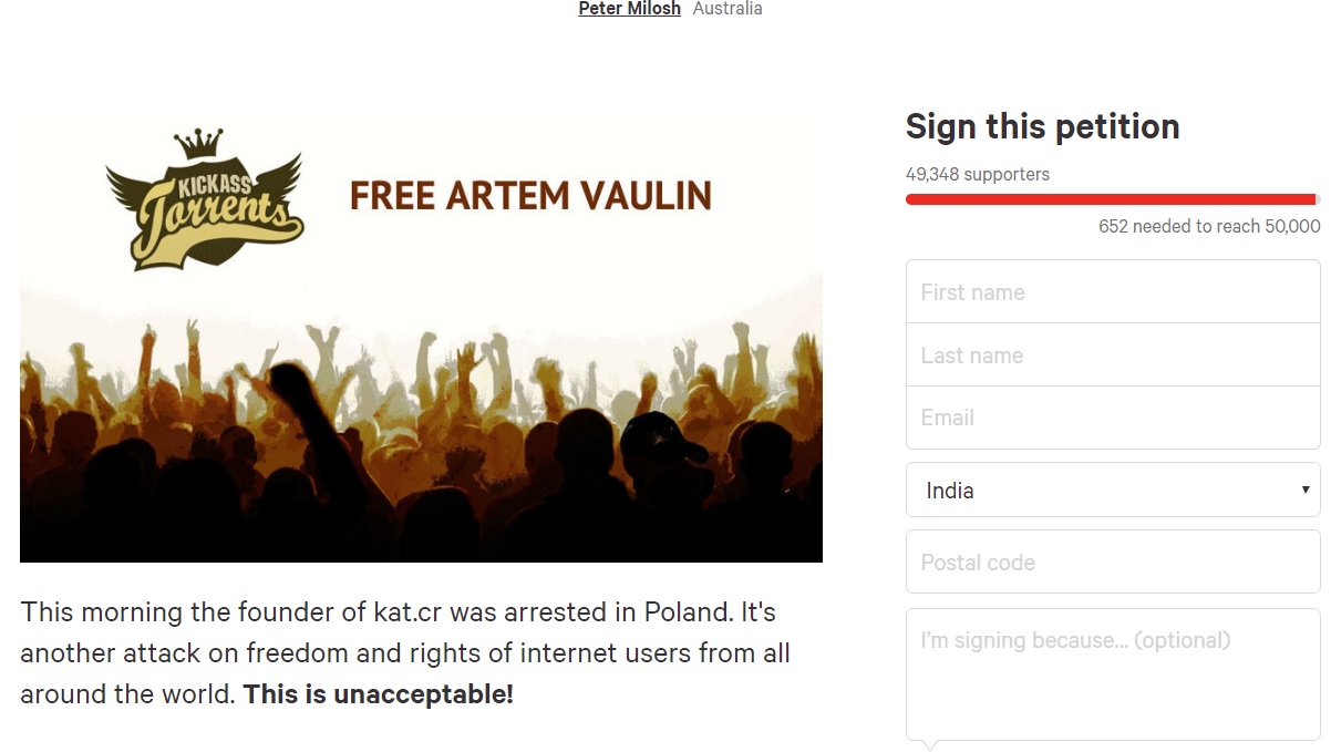 Artem Vaulin Petition