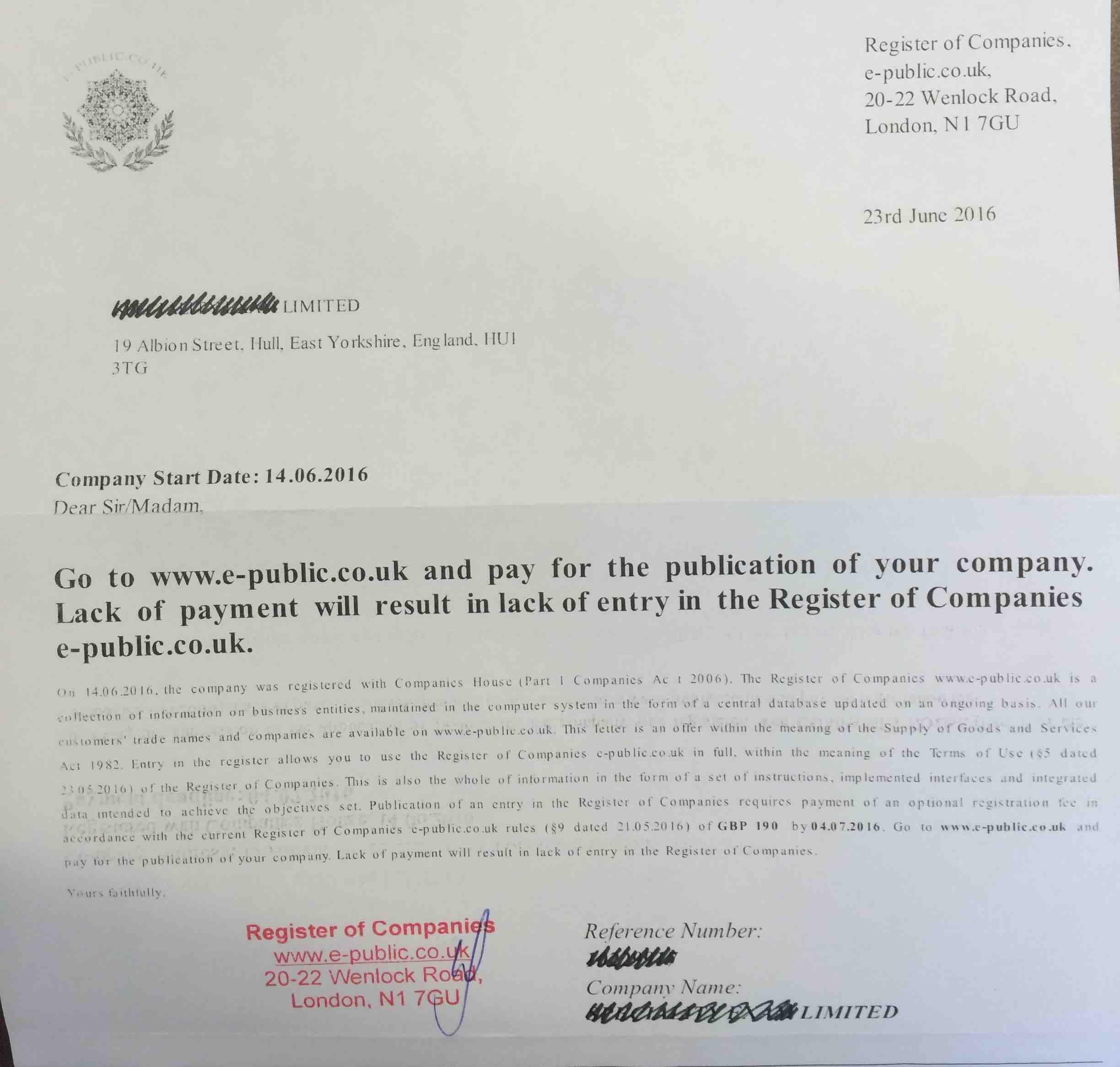 Registrar of Companies Scam Letter